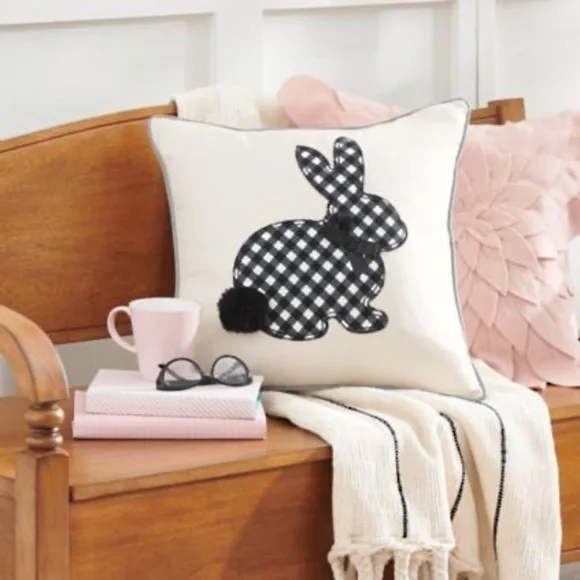 Grandin Road gingham bunny pillow with bow and pompon tail zip close Easter - Picture 6 of 7